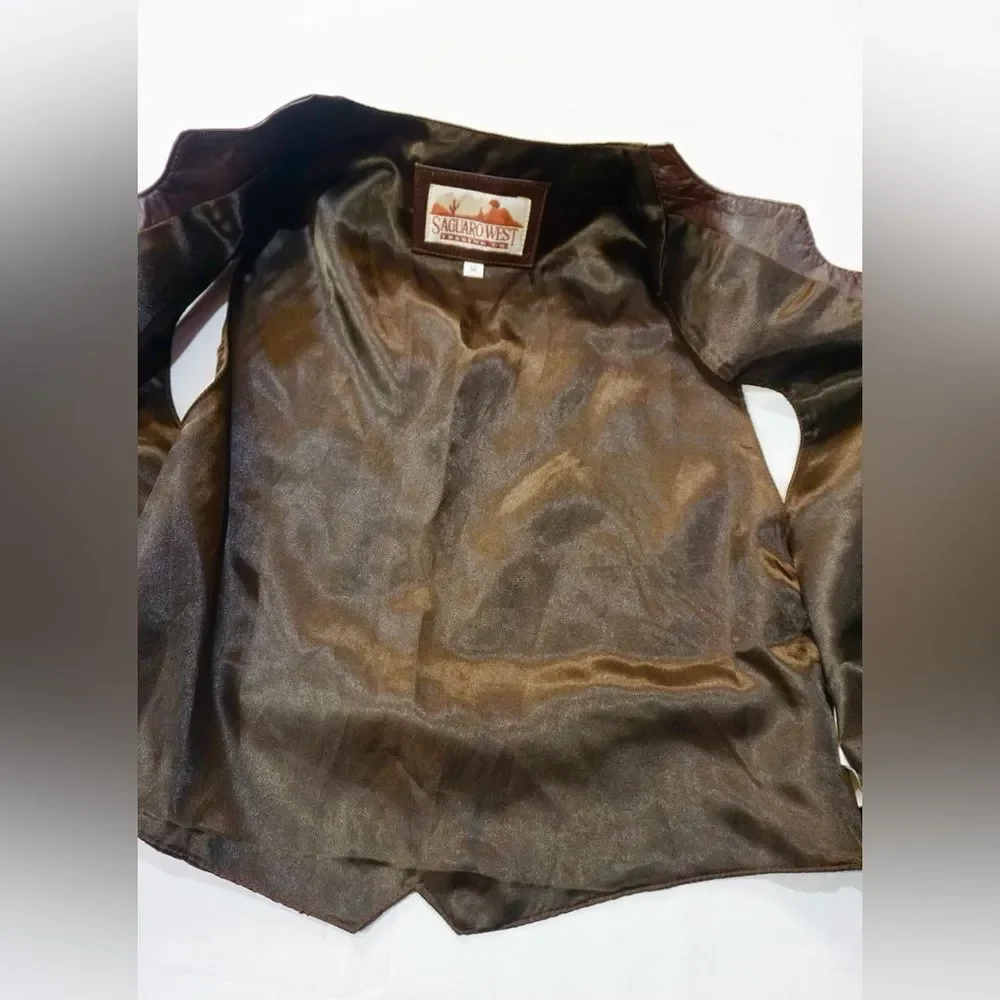 Vintage Saguaro West Brown Leather Vest Medium Western Cowboy Biker Cowboycore